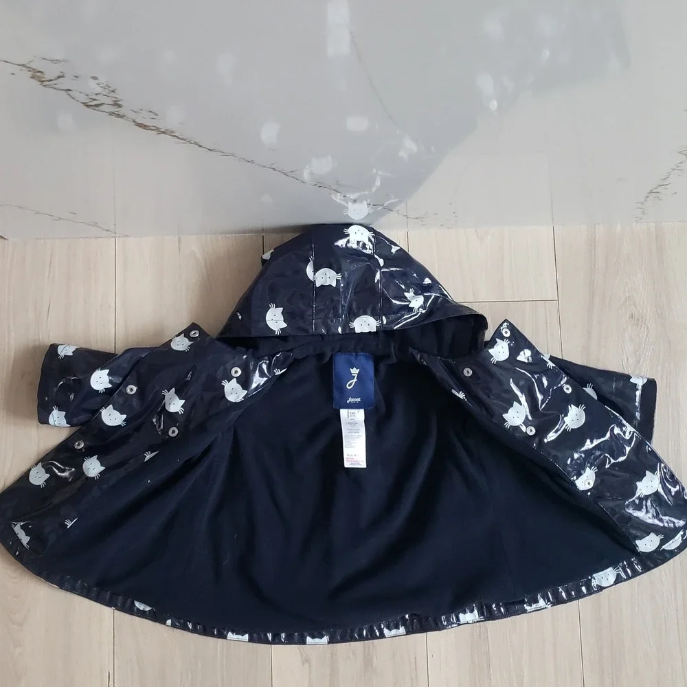 Jacadi Paris Raincoat Girls 24M Navy Cat Print Vinyl Hooded Waterproof Jacket - Picture 4 of 7